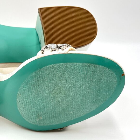 Betsey Johnson Womens Size 6.5 Mel White Satin Jewel Heels Dress Sandals Shoes - Picture 12 of 14